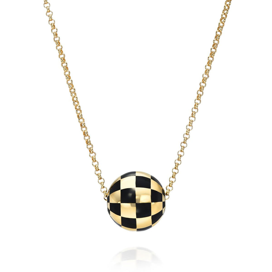 Rachel Quinn Jewelry black and 14k yellow gold checkered ball necklace with gold chain on white background.