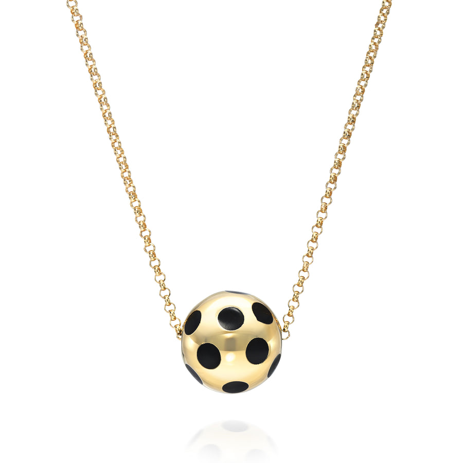 Rachel Quinn Jewelry 14k yellow gold and black polka dot ball necklace on gold chain with white background.