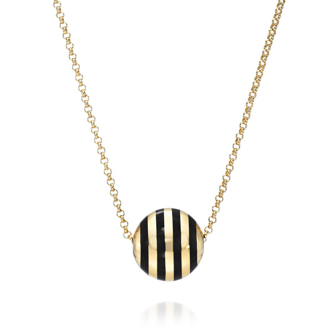 Rachel Quinn Jewelry 14k yellow gold sphere ball necklace on gold chain with black vertical stripes on white background