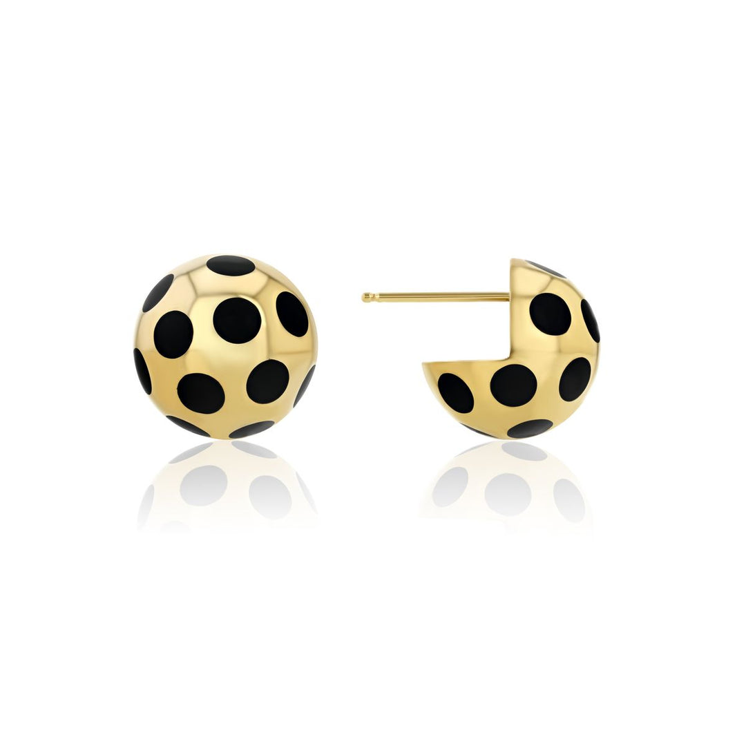 Rachel Quinn Jewelry pair of 14k yellow gold ball earring with black polka dots.