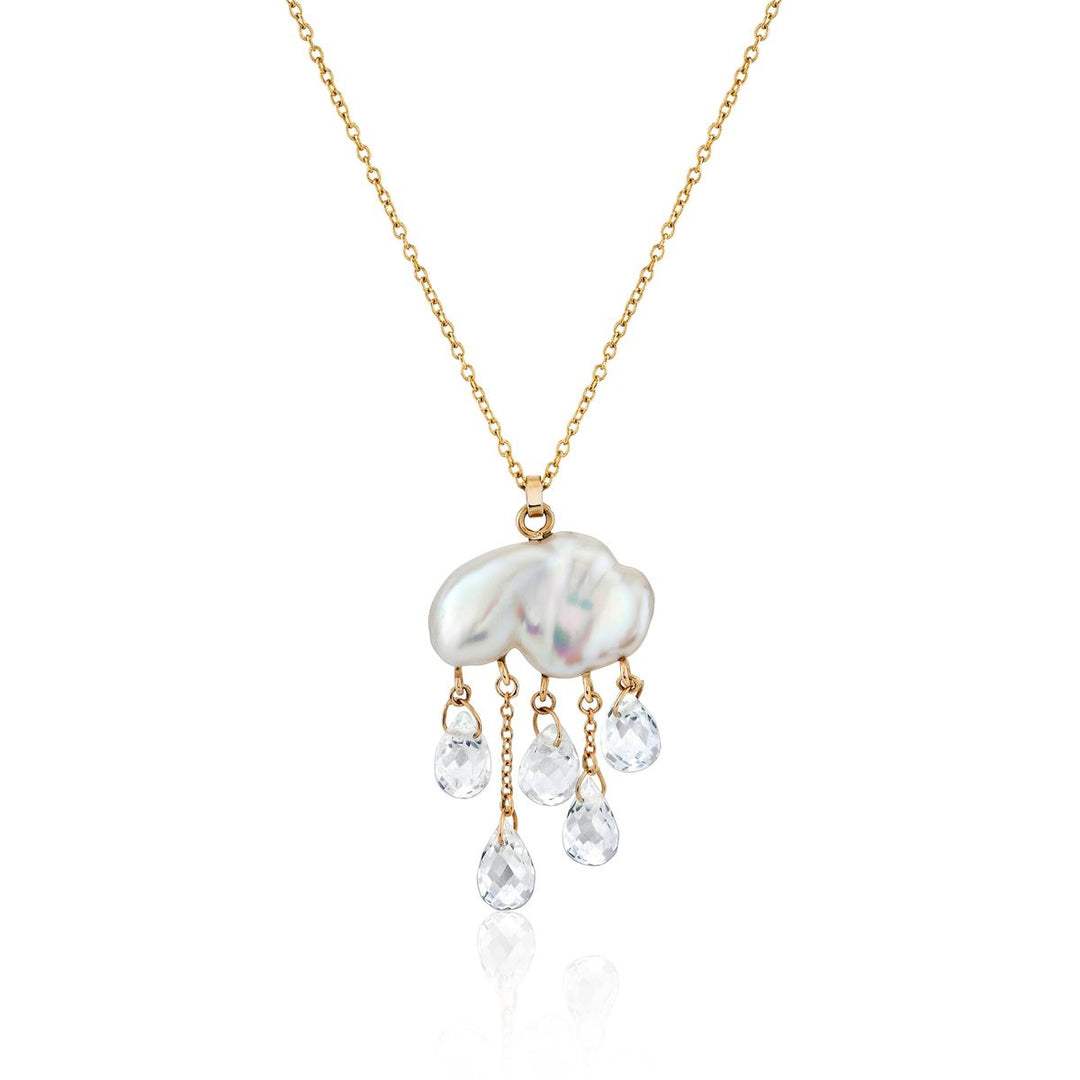 White cloud-shaped pearl with 5 droplets of white topaz "raindrops" dangling below strung on a yellow 14K gold chain