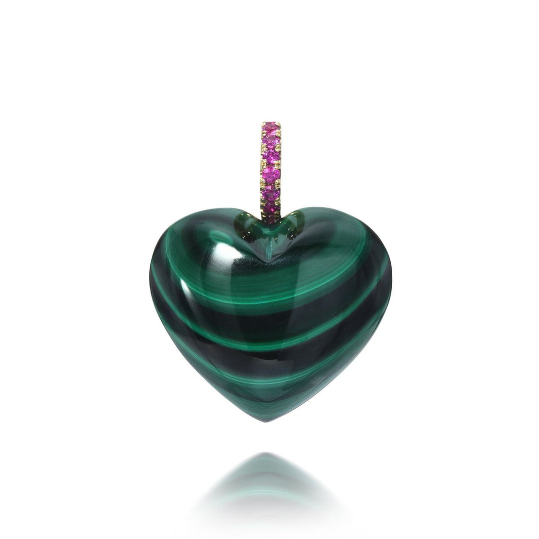 Rachel Quinn Jewelry 3-dimensional malachite puffy heart charm that hangs from a magenta sapphire bail