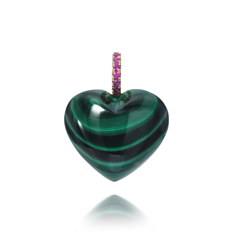 Rachel Quinn Jewelry 3-dimensional malachite puffy heart charm that hangs from a magenta sapphire bail