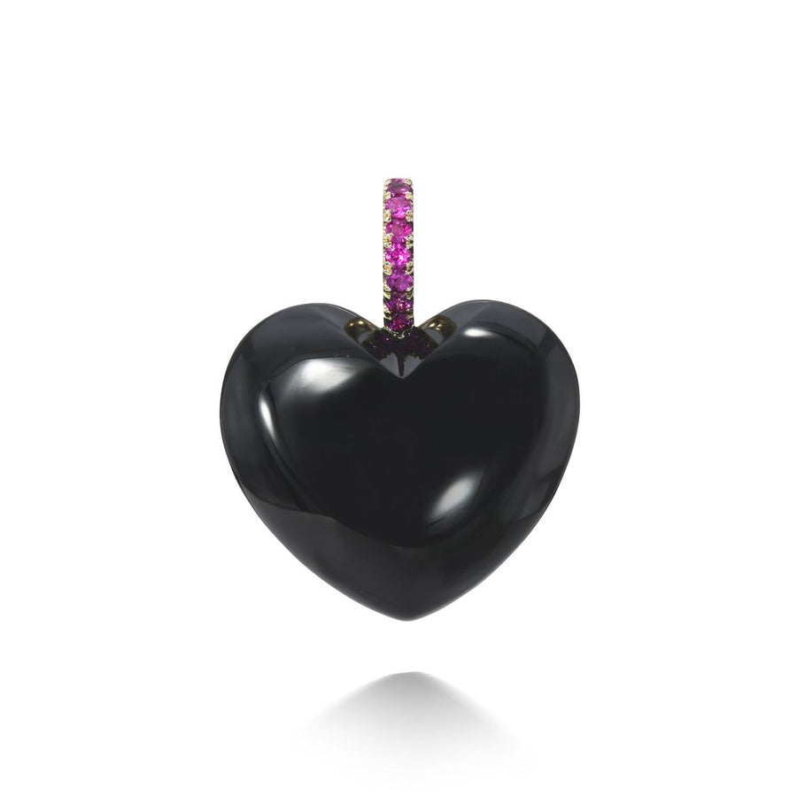 Rachel Quinn Jewelry 3-dimensional onyx heart charm with magenta sapphire bail on white background.