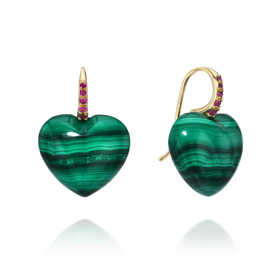 Rachel Quinn Jewlery 3-d plump pair of heart earrings in malachite with magenta sapphires on white background