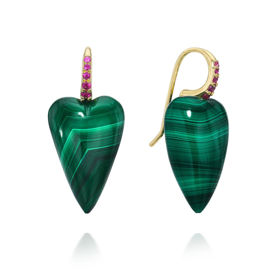Rachel Quinn Jewelry malachite 3-dimensional heart earring pair magenta sapphires on earring hoop on white background.