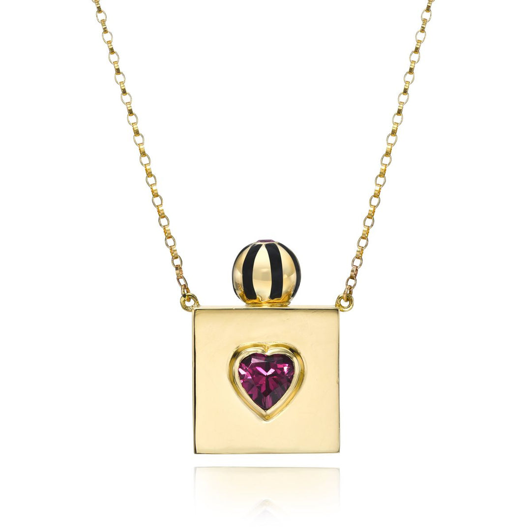 Rachel Quinn Jewelry 14k yellow gold square vessel box necklace on gold chain with heart in center with black and white screw ball top front view.