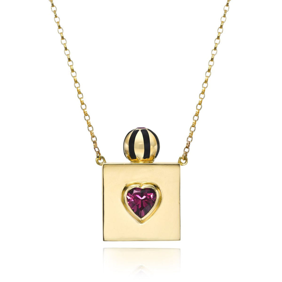 Rachel Quinn Jewelry 14k yellow gold square vessel box necklace on gold chain with heart in center with black and white screw ball top front view.