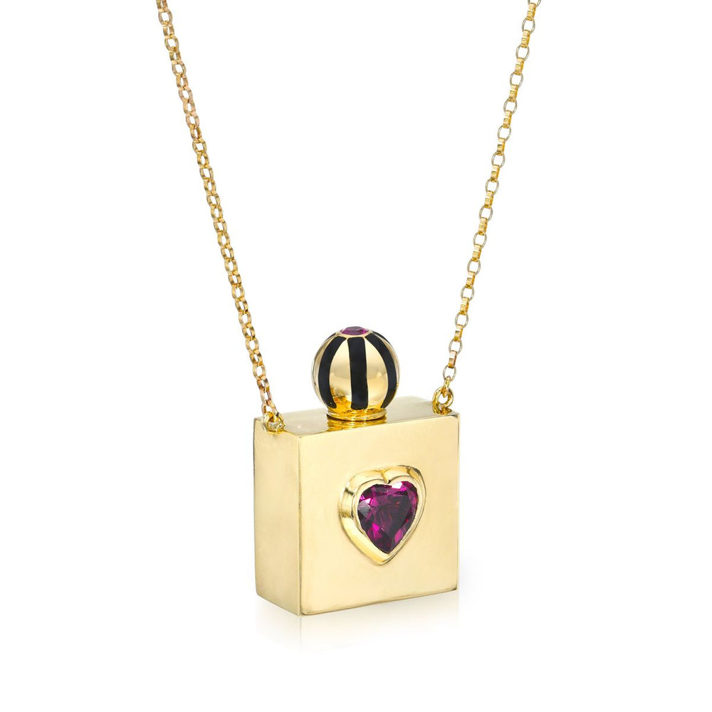 Rachel Quinn Jewelry 14k yellow gold square vessel box necklace on gold chain with heart in center with black and white screw ball top side view large.