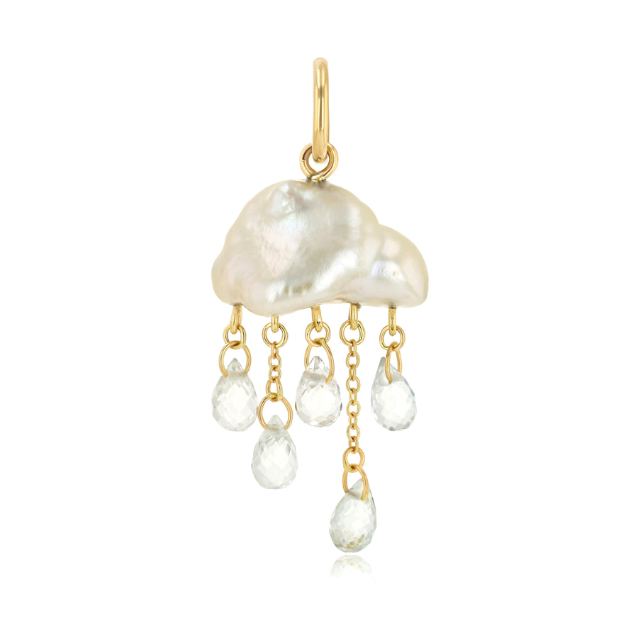 White cloud-shaped pearl charm with white topaz briolette "raindrops" hanging from below. Jumping bail and chain are 14K yellow gold