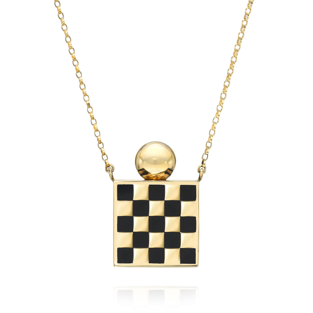 Rachel Quinn Jewelry 14k yellow gold black checkered square vessel box necklace gold chain with gold screw ball top large size on white background.