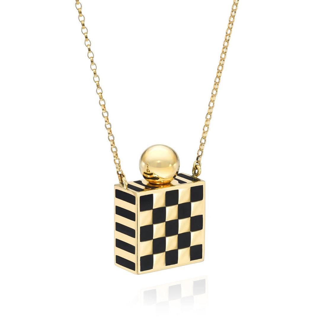 Rachel Quinn Jewelry 14k yellow gold black checkered square vessel box necklace gold chain with gold screw ball top large size on white background side view.