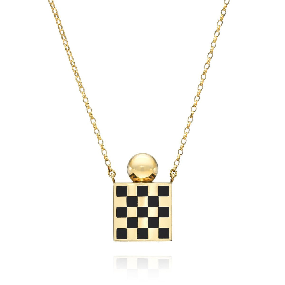 Rachel Quinn Jewelry 14k yellow gold black checkered square vessel box necklace gold chain with gold screw ball top.