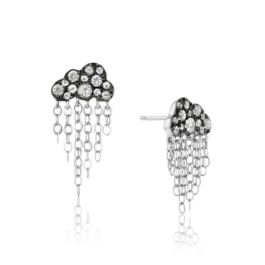 Rachel Quinn Jewelry pair of black rhodium cloud shaped earrings with pace set white sapphires on cloud and silver dangling chains.