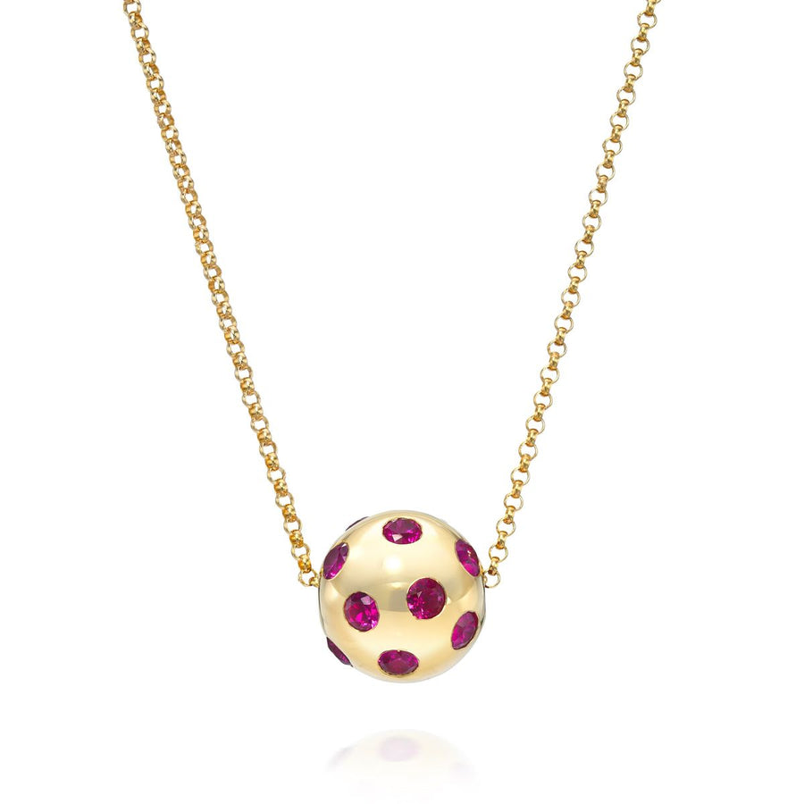 Rachel-Quinn-Jewelry-Polka-Dot-Ball-Necklace-SapphiresRachel Quinn Jewelry Polka Dot Sphere Necklace magenta sapphires set all around on gold chain on white background