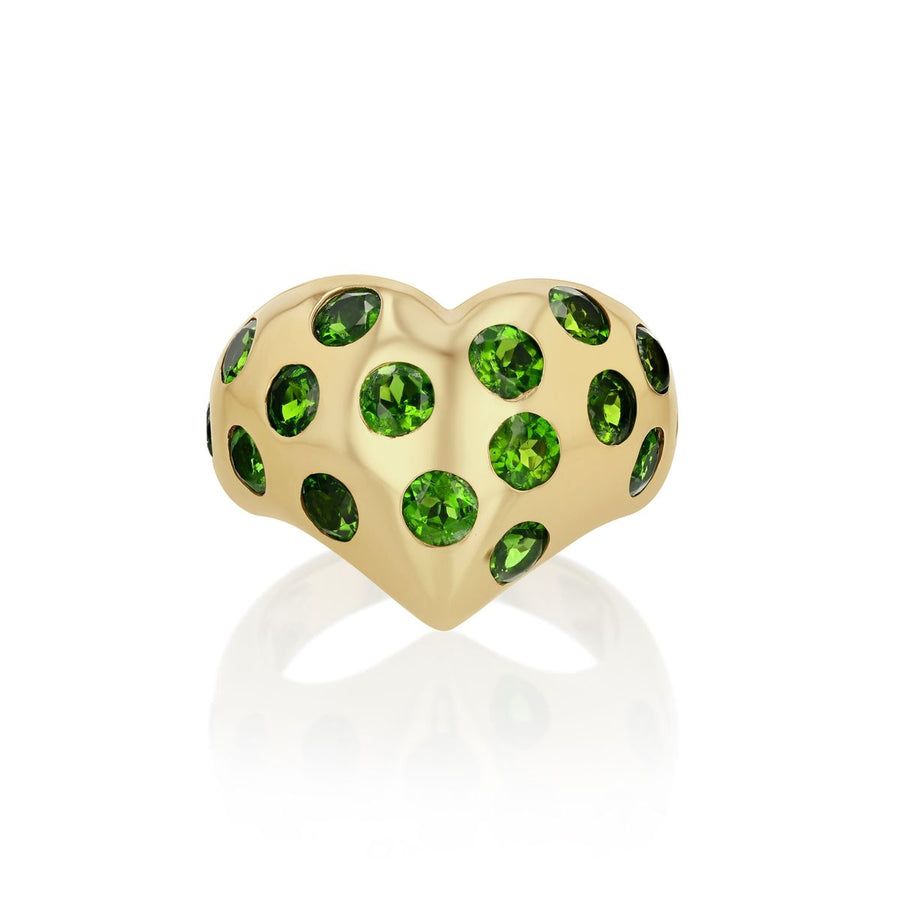 Rachel Quinn Jewelry Chubby Heart Ring in yellow gold with inlay chrome diopside polka dots.