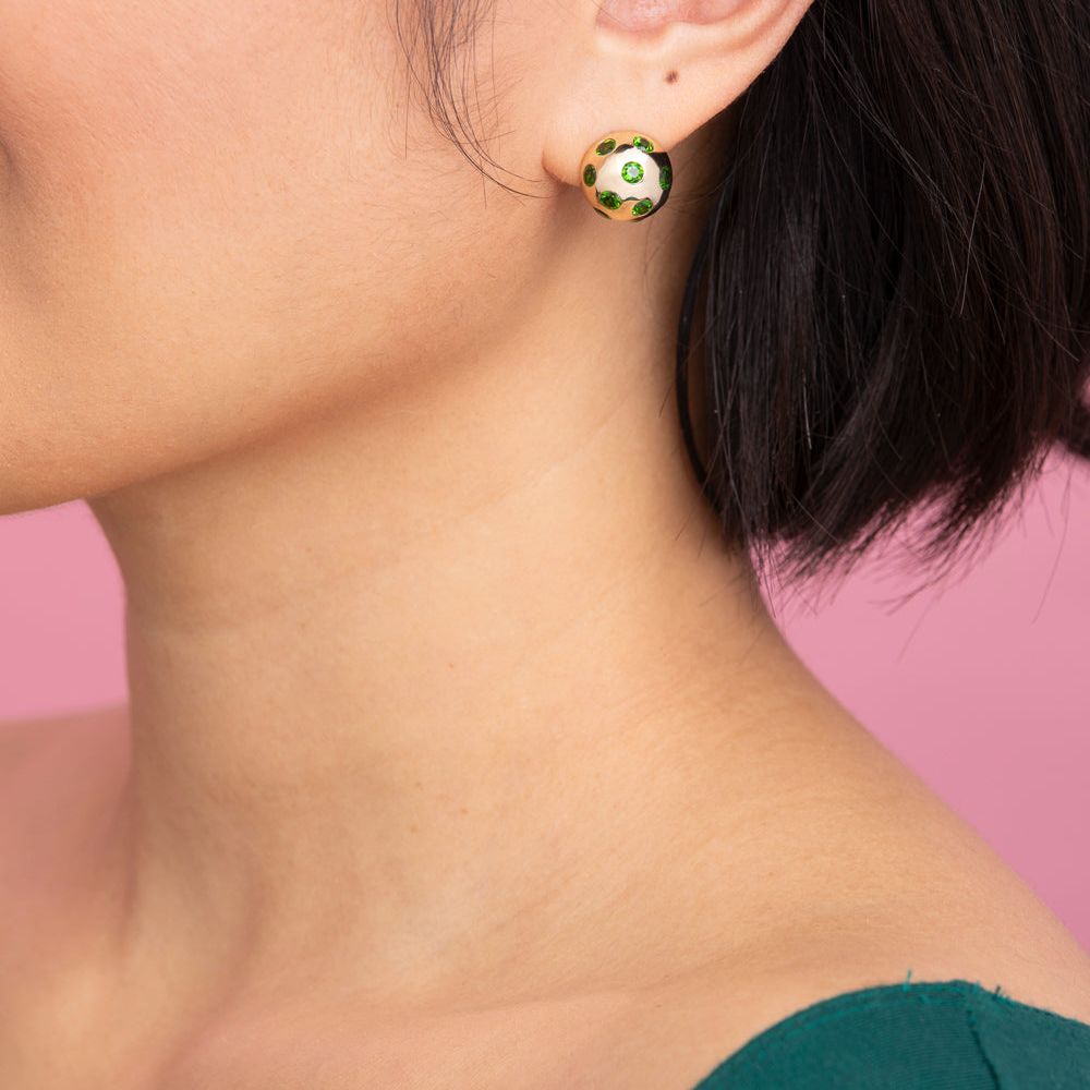 Rachel-Quinn-Jewelry-Polka-Dot-Ball-Earrings-chrome-diopside-Sapphires-on-model