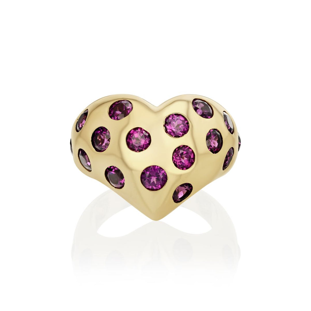 Rachel Quinn Jewelry Chubby Heart Ring in yellow gold with inlay rhodolite garnets polka dots.