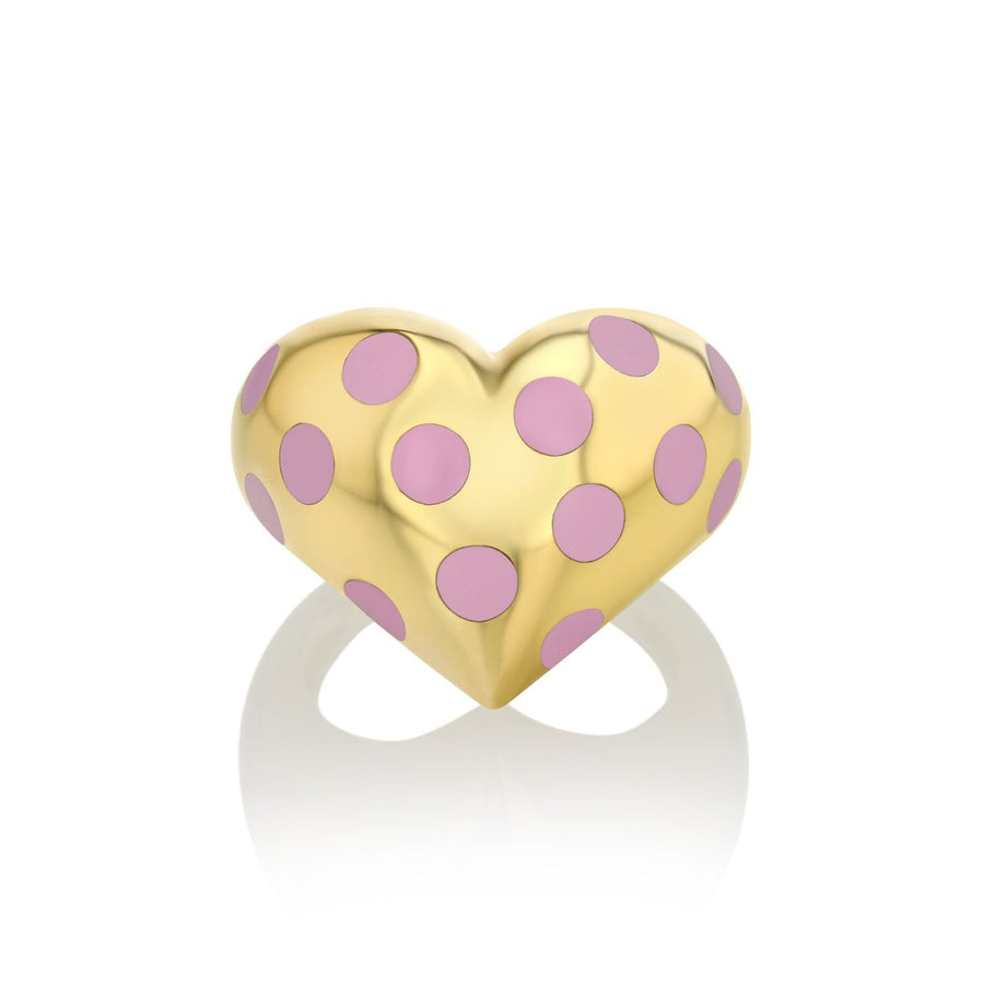 Rachel Quinn Jewelry Chubby Heart Ring with pink enamel inlay polka dots.