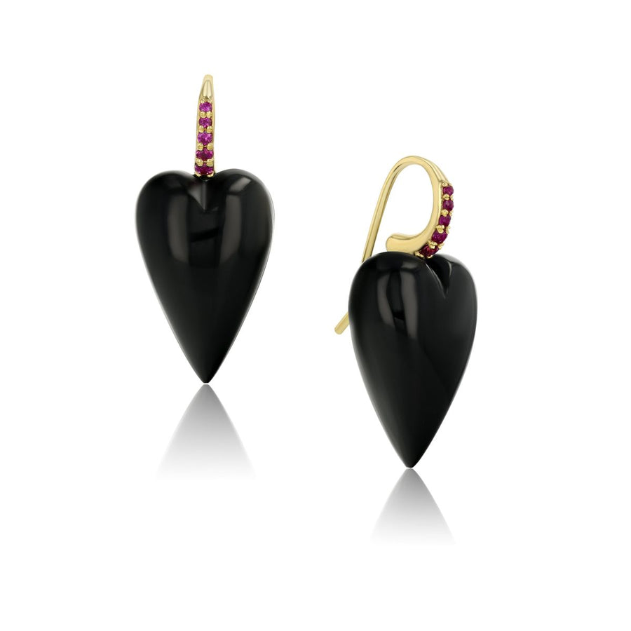 Rachel Quinn Jewelry onyx 3-dimensional heart earring pair magenta sapphires on earring hoop on white background.