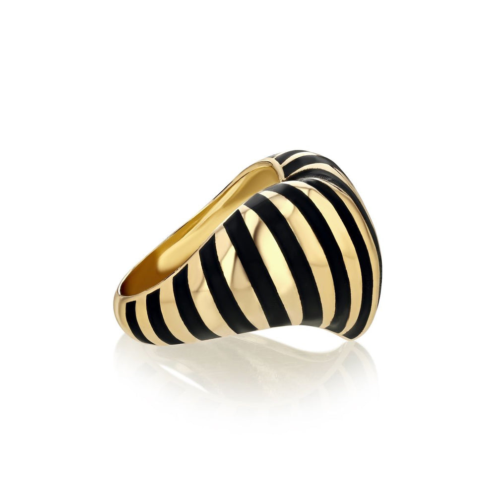 Rachel Quinn Jewelry Chubby Heart Ring in yellow gold with black striped enamel inlay side view.