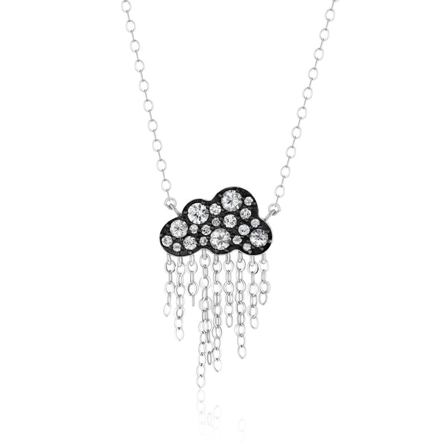 Rachel Quinn Jewelry black cloud shaped necklace with pave white sapphires on cloud and dangling chains.