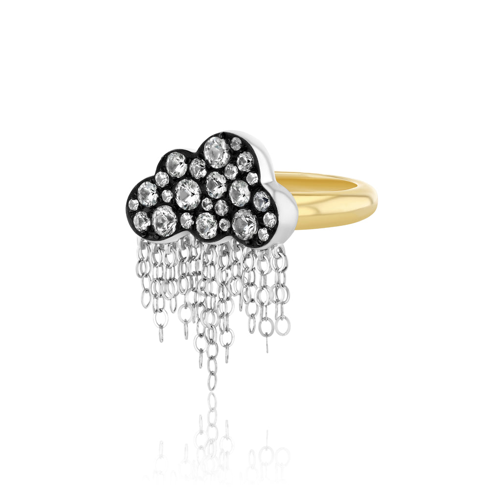 Rachel Quinn Jewelry black cloud shaped ring with pave white sapphires on cloud and dangling chains on yellow gold band side view