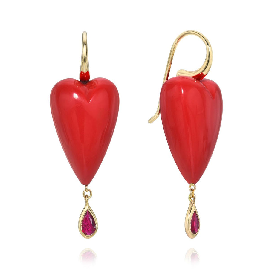 Rachel Quinn Jewelry hand-carved coral heart earring pair topped with 14K yellow ear wires with a bezel-set ruby droplet