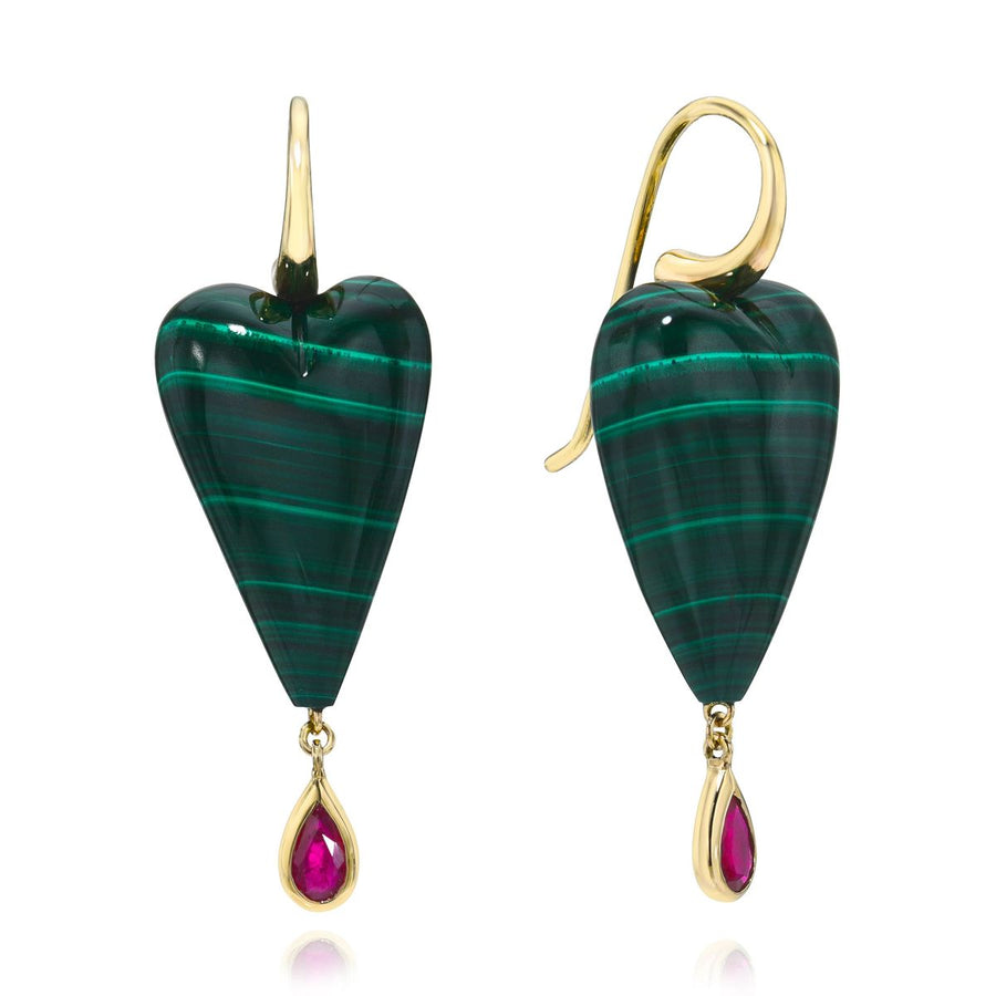 Rachel Quinn Jewelry hand-carved malachite heart earring pair topped with 14K yellow ear wires with a bezel-set ruby droplet