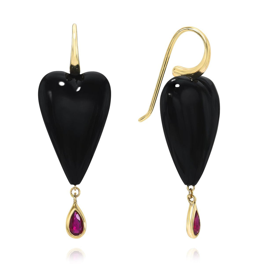 Rachel Quinn Jewelry hand-carved onyx heart earring pair topped with 14K yellow ear wires with a bezel-set ruby droplet