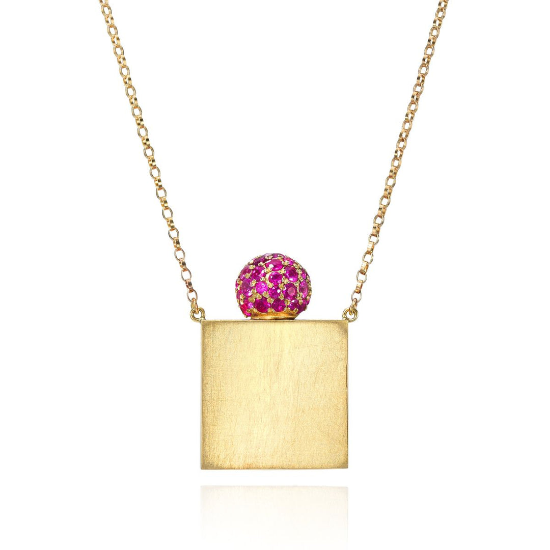 Rachel Quinn Jewelry 14k yellow gold square vessel box necklace gold chain with pink sapphire pave gold screw ball top large size.