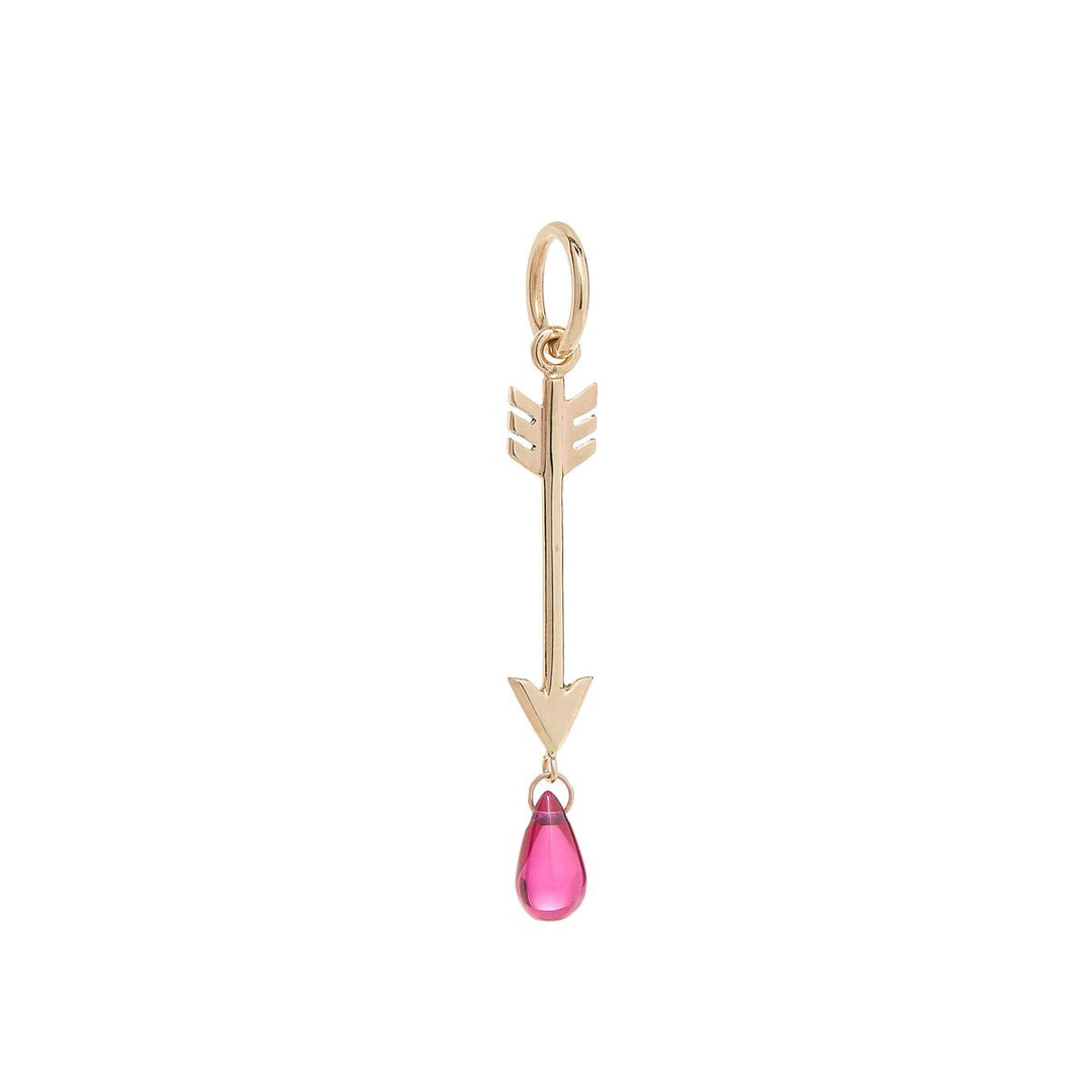 Rachel-Quinn-Jewelry-Artemis-Charm Yellow gold arrow charm with pink ruby droplet dangling from tip