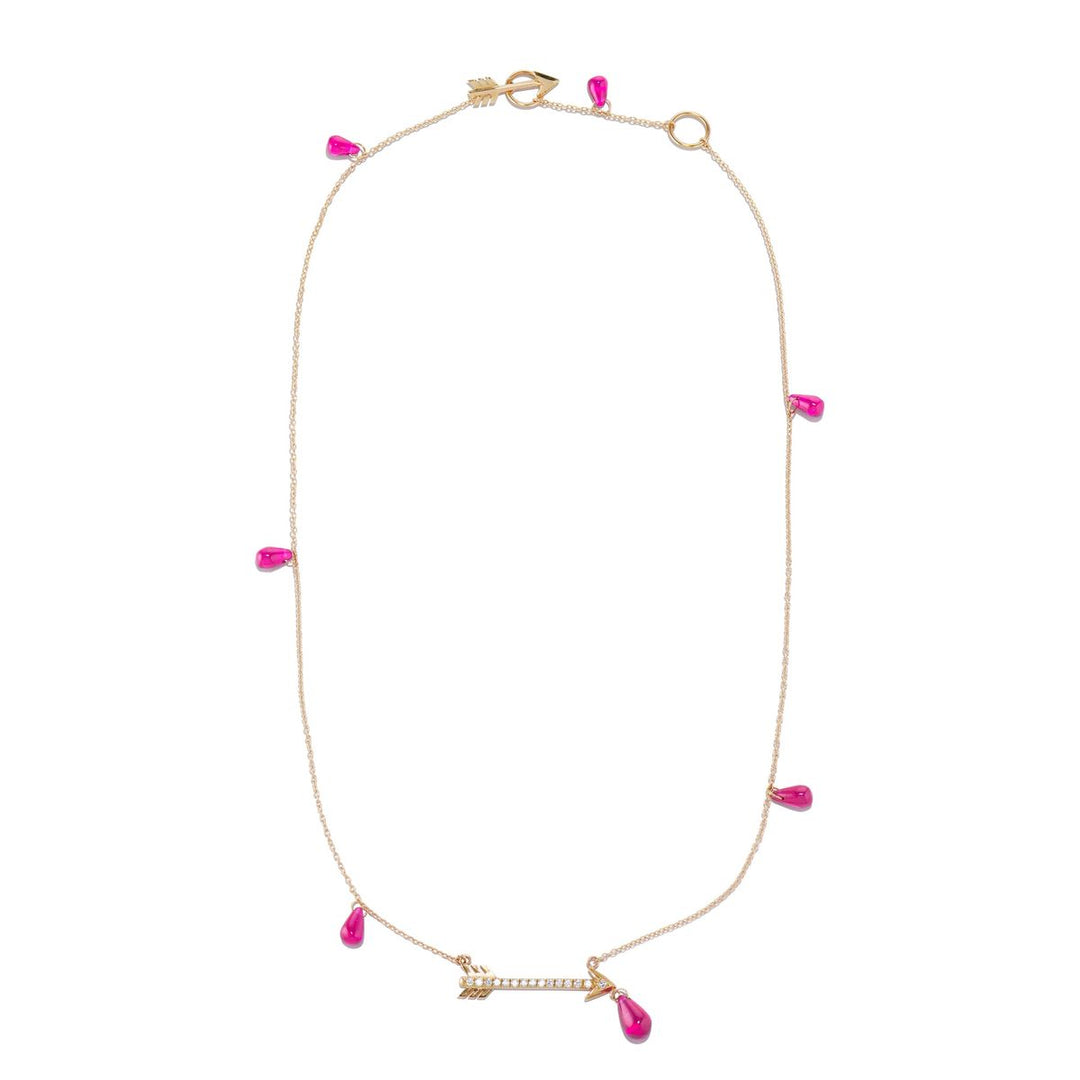 Yellow gold chain-linked necklace with 7 ruby droplets and a diamond pave arrow in the center with arrow t bar type of clasp