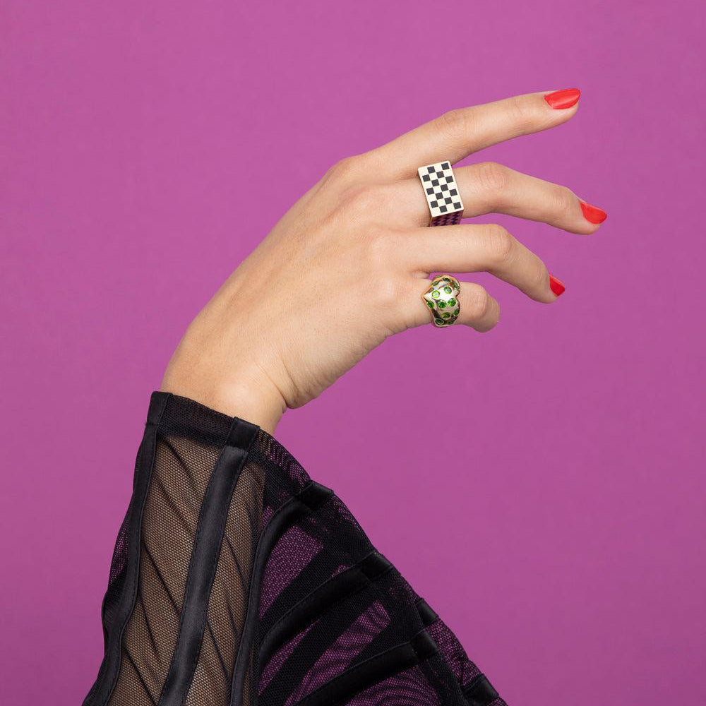 Rachel Quinn Jewelry Chubby Heart Ring in yellow gold with inlay chrome diopside polka dots on hand model with block ring.