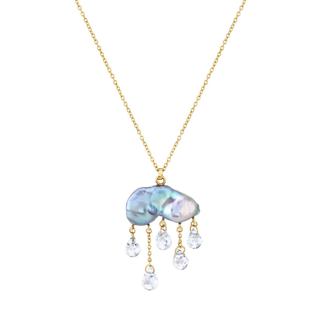 keshi pearl elongated puffy cloud shape charm on yellow gold necklace chain with 5 small tear drop white topaz raining down underneath