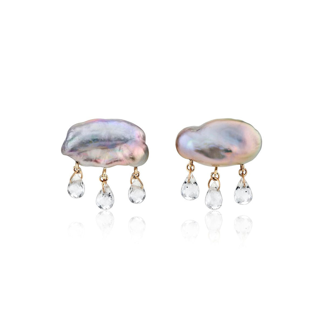 grey keshi pearl earrings in cloud-like form with three white topaz dangling from the bottom with yellow gold components