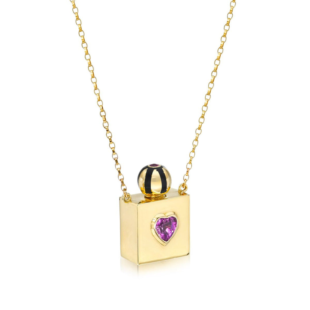 Rachel Quinn Jewelry 14k yellow gold square vessel box necklace on gold chain with heart in center with black and white screw ball top side view.