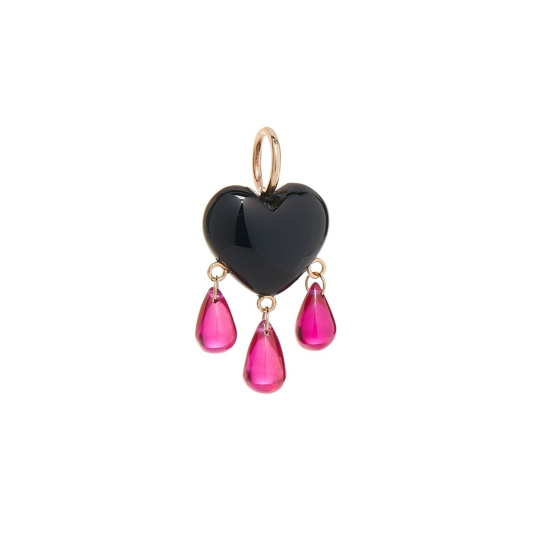 small smooth jet black onyx charm drips with a trio of ruby blood with yellow gold