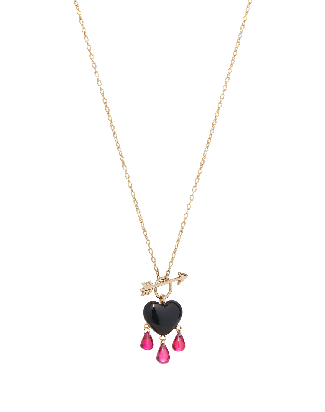 small smooth jet black onyx charm necklace drips with a trio of ruby blood with gold arrow toggle closure on yellow chain necklace
