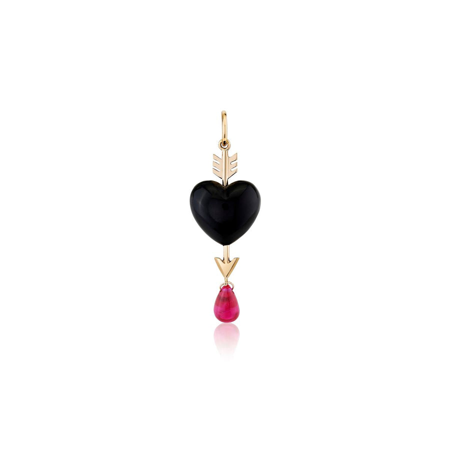 Rachel Quinn Jewelry onyx 3-dimensional puffy heart pierced with Cupid's arrow and single droplet of ruby dangling on white background