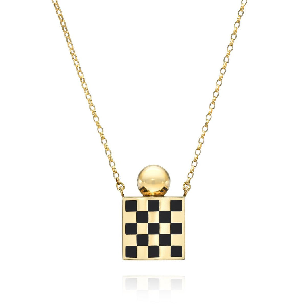Rachel Quinn Jewelry 14k yellow gold black checkered square vessel box necklace gold chain with gold screw ball top.