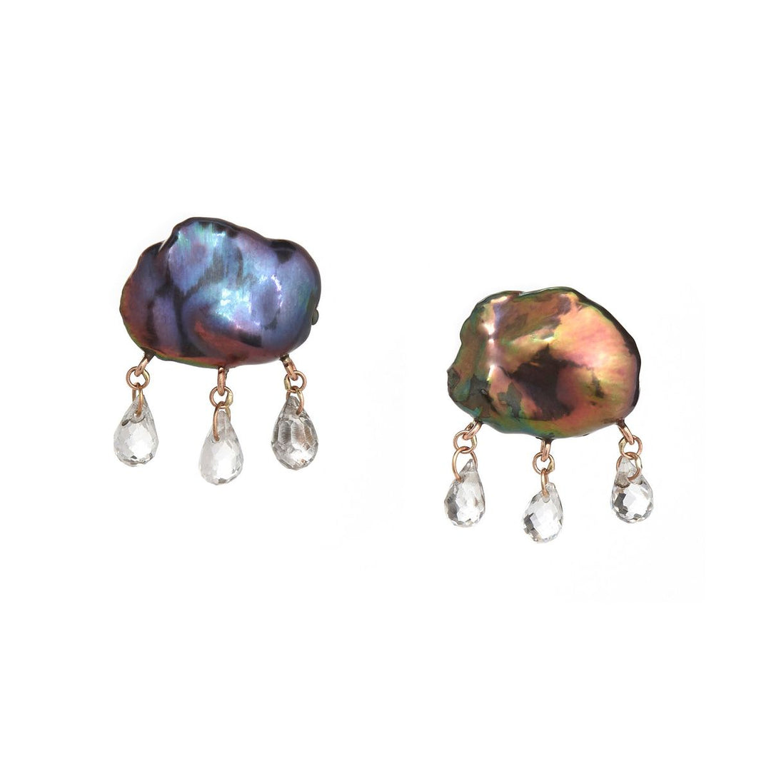 dark peacock keshi pearl earrings in cloud-like form with three white topaz dangling from the bottom with yellow gold components