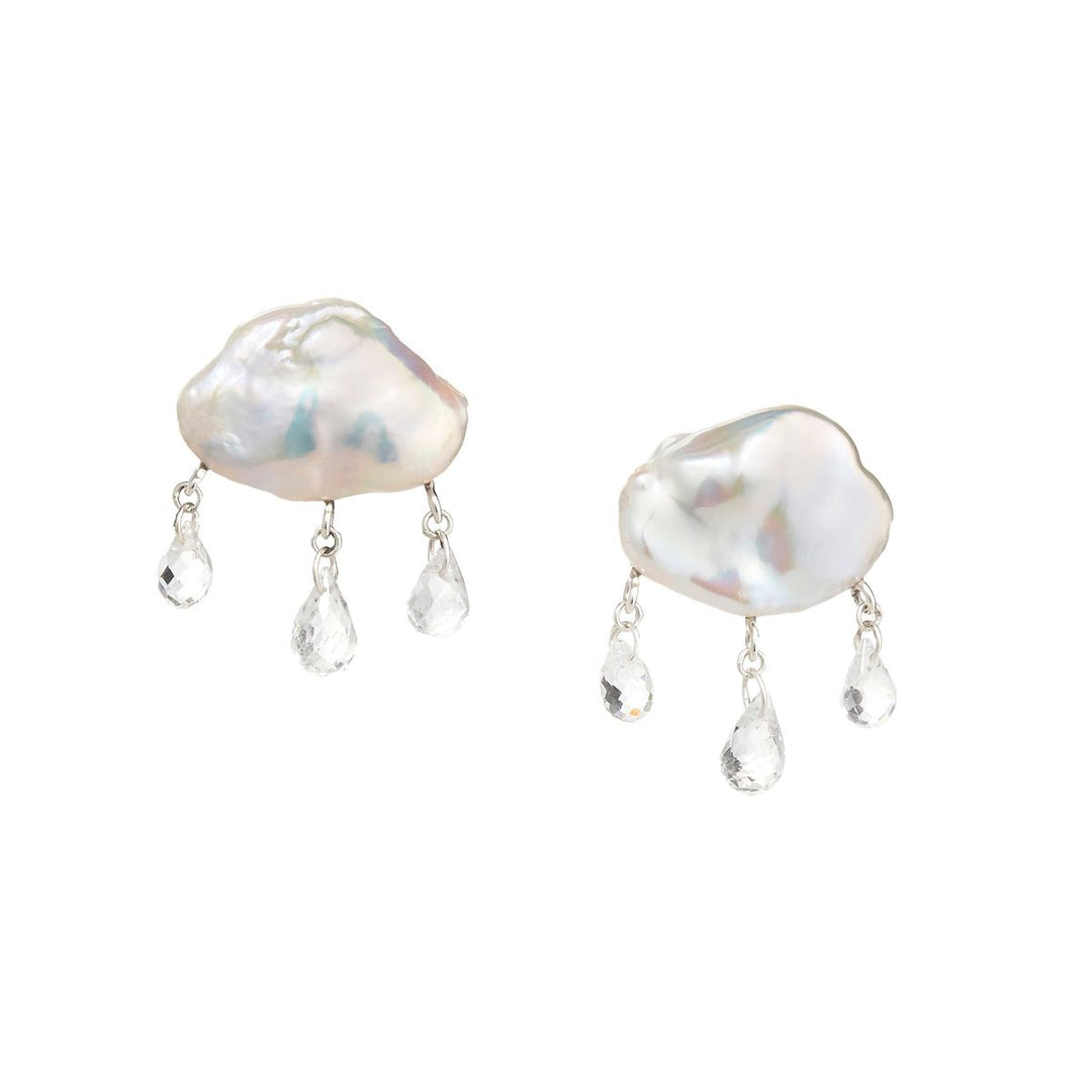 white keshi pearl earrings in cloud-like form with three white topaz dangling from the bottom with yellow gold components