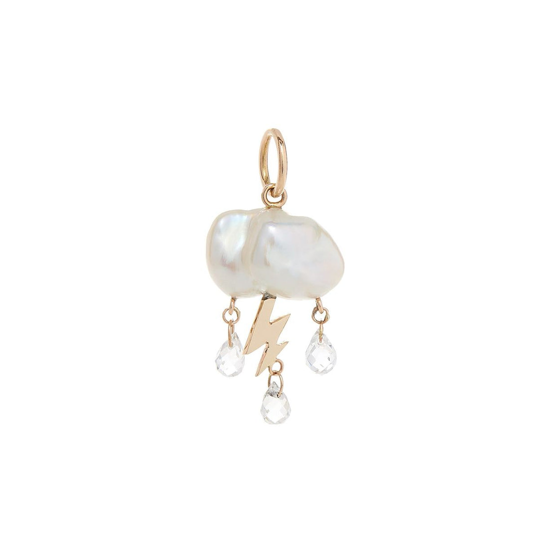 small keshi cloud like pearl charm with 3 white topaz rain drops from underneath and yellow gold lightening bolt of the center three