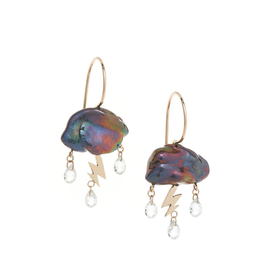dark stormy keshi cloud like pearl earrings with 14K yellow gold lightning bolts as a trio of white topaz rain down with gold ear wire