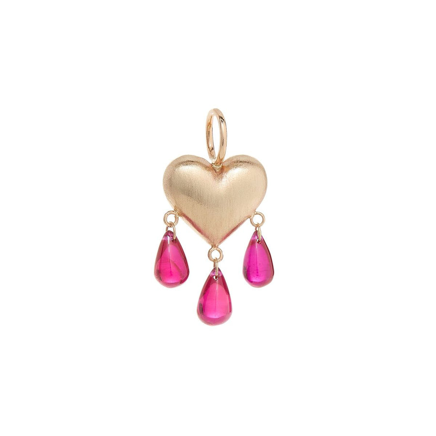 Yellow gold puffy heart with 3 pink rubies droplets dangling below