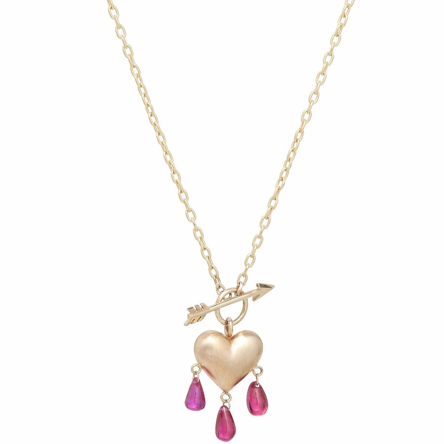 Yellow gold puffy heart on  elongated link chain with arrow in front and pink ruby droplets