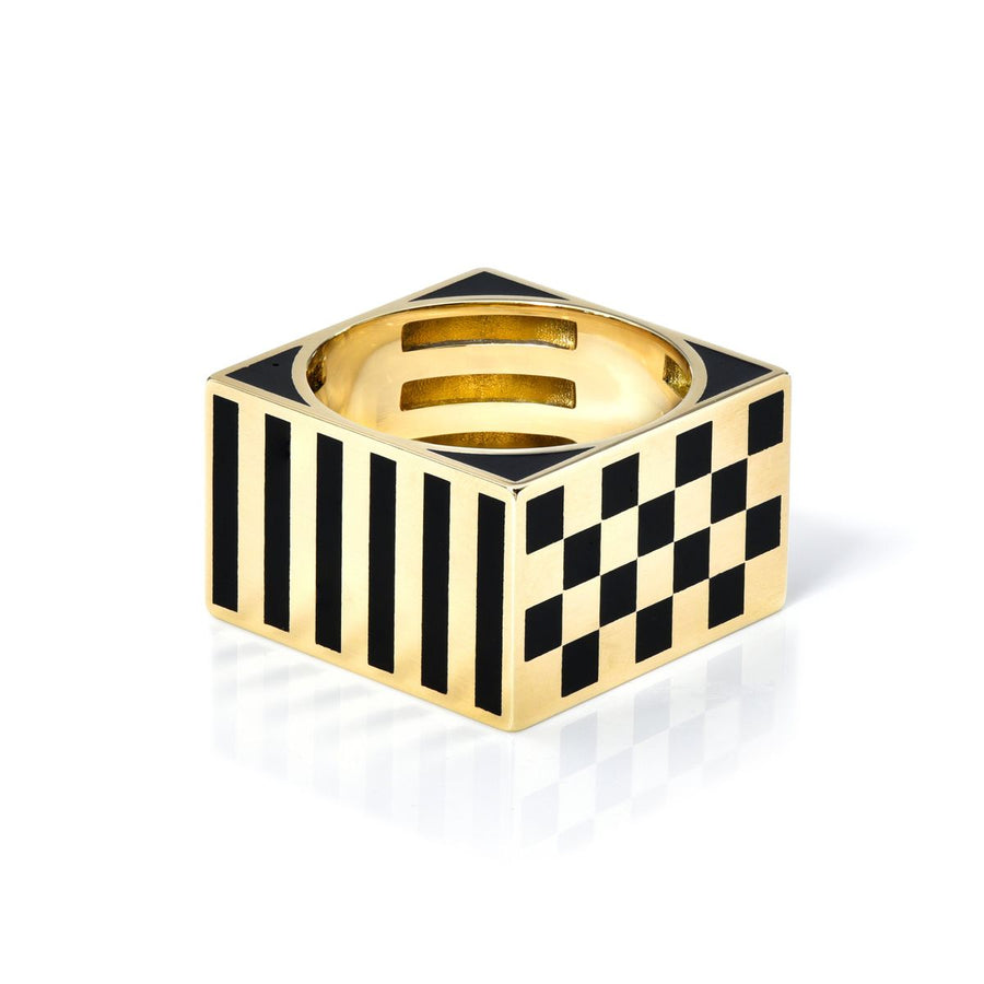 rachel quinn jewelry block ring yellow gold ring with black stripes and black checkered pattern on sides of ring