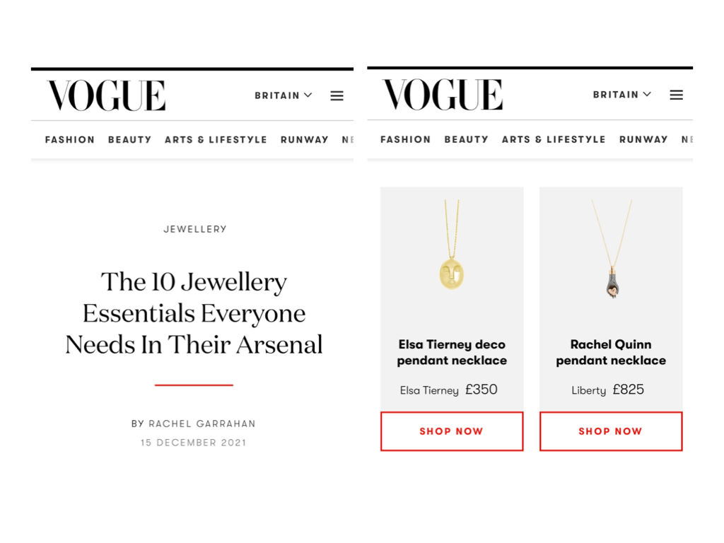 British Vogue feature showing two pendant necklaces against a plain grey backgrounds