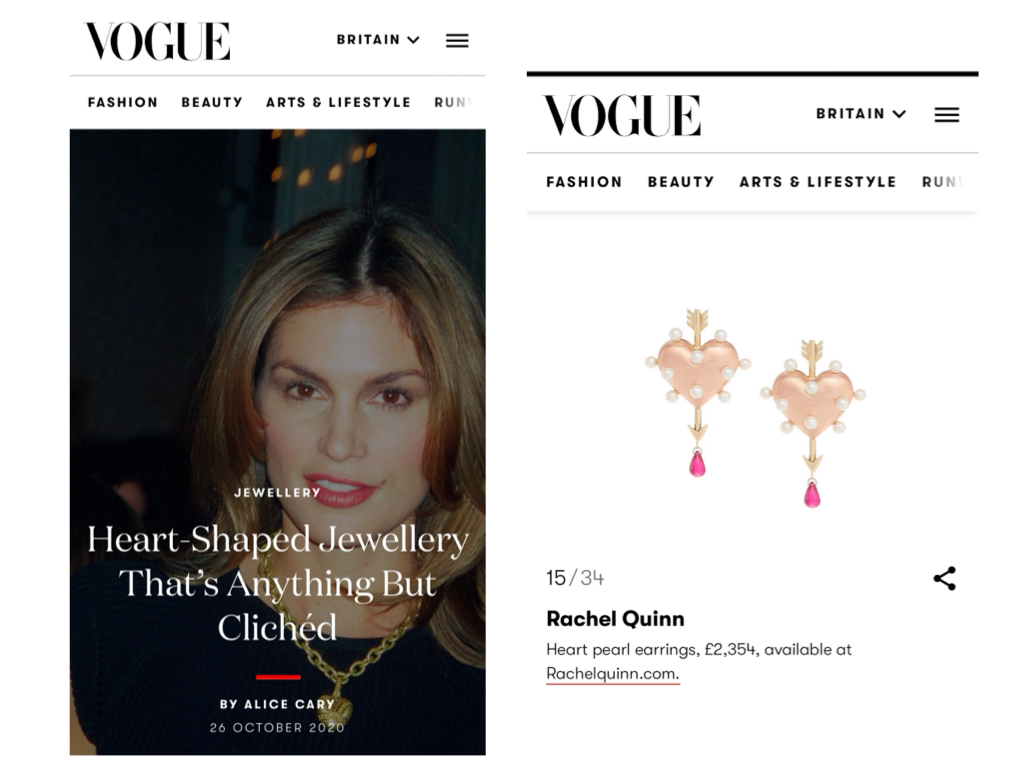 British Vogue featuring Rachel Quinn's gold, pearl, and ruby heart earrings adjacent to a photo of a woman wearing a gold necklace against a dark background.